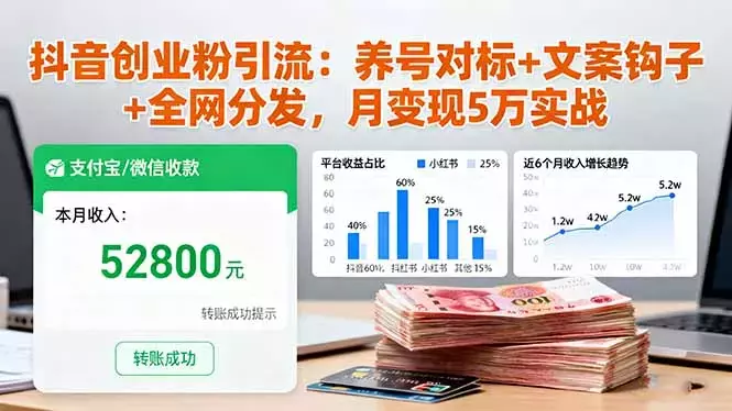 抖音创业粉引流：养号对标+文案钩子+全网分发，月变现5万实战_云峰项目库