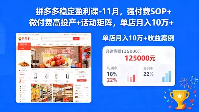 拼多多稳定盈利课-11月,强付费SOP+微付费高投产+活动矩阵,单店月入10w+_云峰项目库