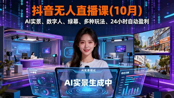 抖音无人直播课(10月)，AI实景、数字人、绿幕、多种玩法、24小时自动盈利_云峰项目库