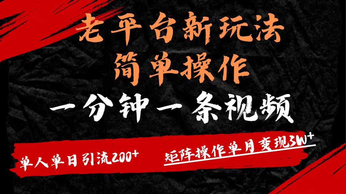 老平台，新玩法，简单操作，一分钟一条视频，单人单人引流200+矩阵操作，单月变现3W_云峰项目库
