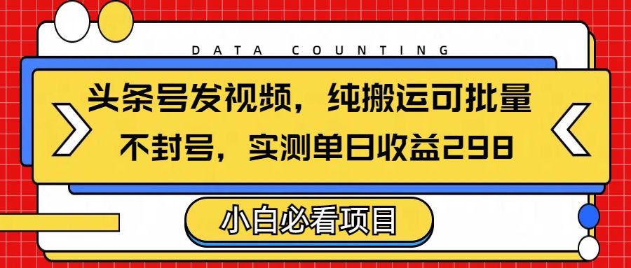 头条发视频，纯搬运可批量，不封号玩法实测单日收益单号298_云峰项目库