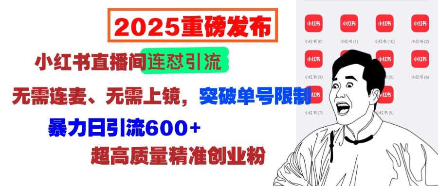 2025重磅发布：小红书直播间连怼引流，无需连麦、无需上镜，突破单号限制，暴力日引流600+超高质量精准创业粉_云峰项目库