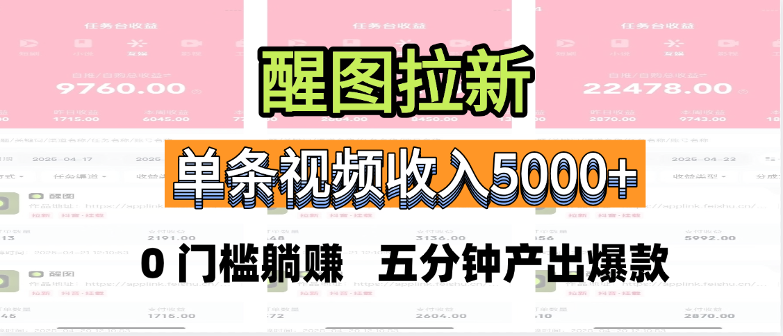 醒图拉新，0 门槛躺赚，五分钟产出爆款，单条视频收入5000+_云峰项目库
