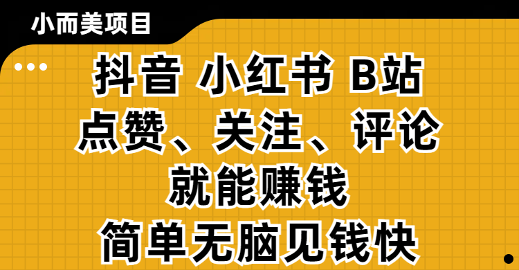 小而美的项目，抖音、小红书、B站视频点赞、关注、评论就能赚钱，简单无脑立见收益!妥妥的零撸项目_云峰项目库