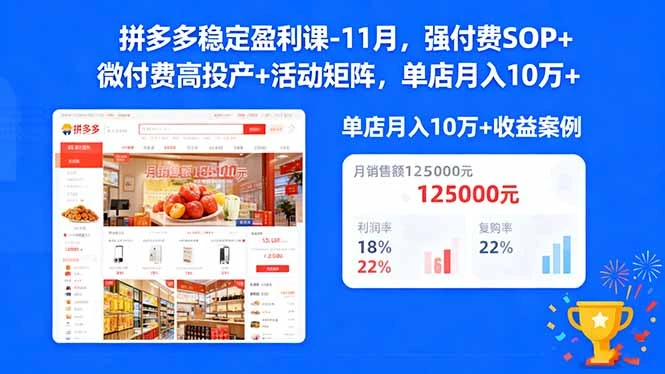 拼多多稳定盈利课-11月，强付费SOP+微付费高投产+活动矩阵，单店月入10万+_云峰项目库