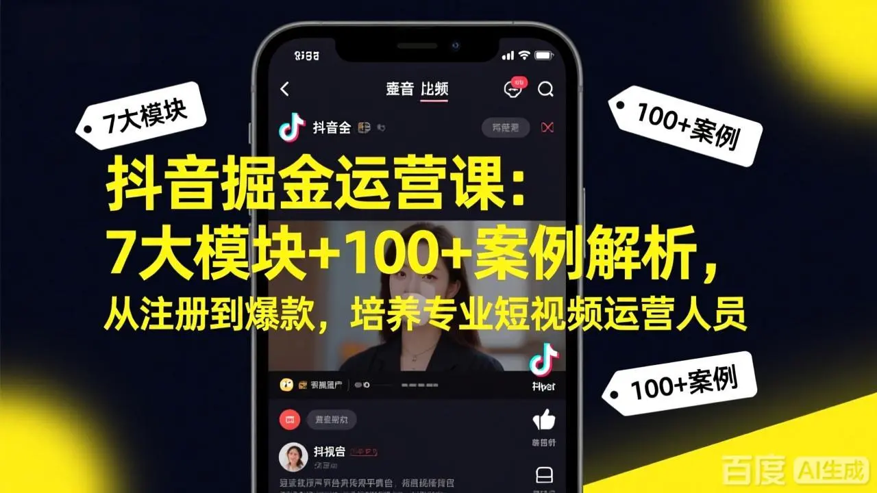 抖音掘金运营课：7大模块+100+案例解析，从注册到爆款，培养专业短视频运营人员-云峰项目库