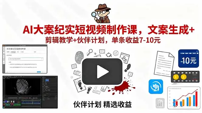 AI大案纪实短视频制作课，文案生成+剪辑教学+伙伴计划，单条收益7-10元-云峰项目库